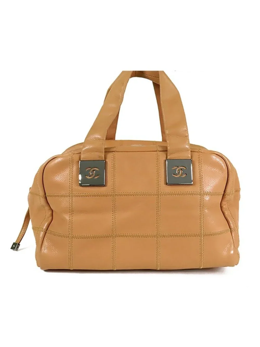 Chanel Choco Bar Mini Boston Bag Beige Silver Caviar Leather